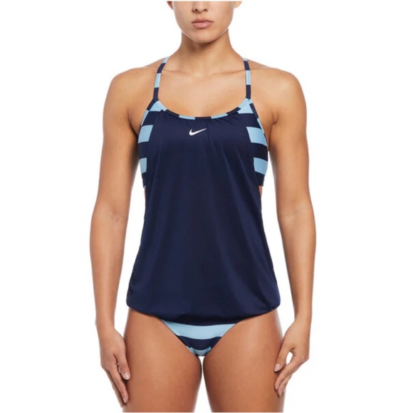 Nike Women’s Baby Blue Navy Statement Stripe Layered Tankini Swim Top NWT - Picture 1 of 8